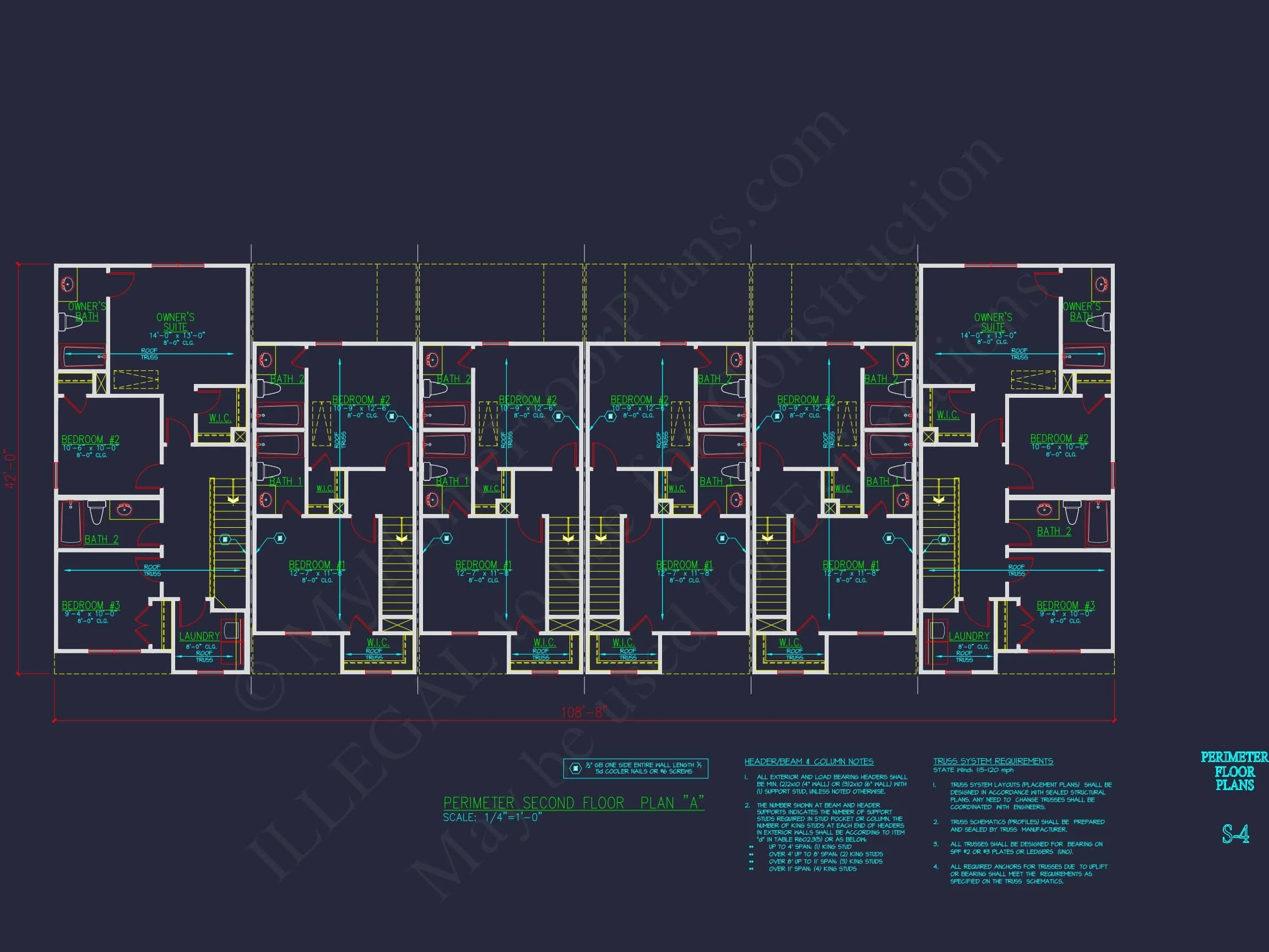 17-2029 6-UNIT TOWNHOUSE PLAN - Colonial Home Plan - 2-Bed, 1.5-Bath, 1,033 SF 16 Modern Townhome Floor Plan with 6 Units and CAD Blueprints