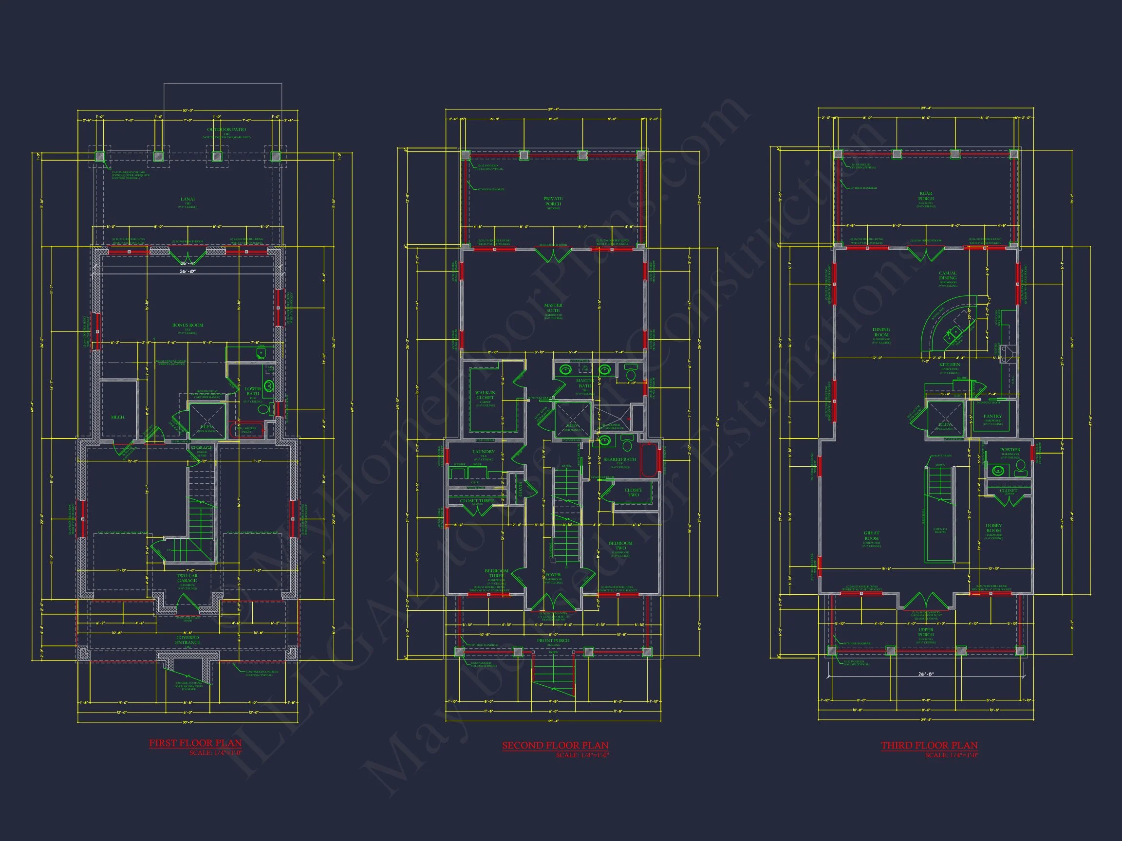 12-2102 HOUSE PLAN - Coastal House Floor Plan: 3-Story, 3-Bed, 2-Bath, CAD Blueprint 8 Coastal house Floor Plan: 3-Story, 3-Bed, 2-Bath, CAD Blueprint