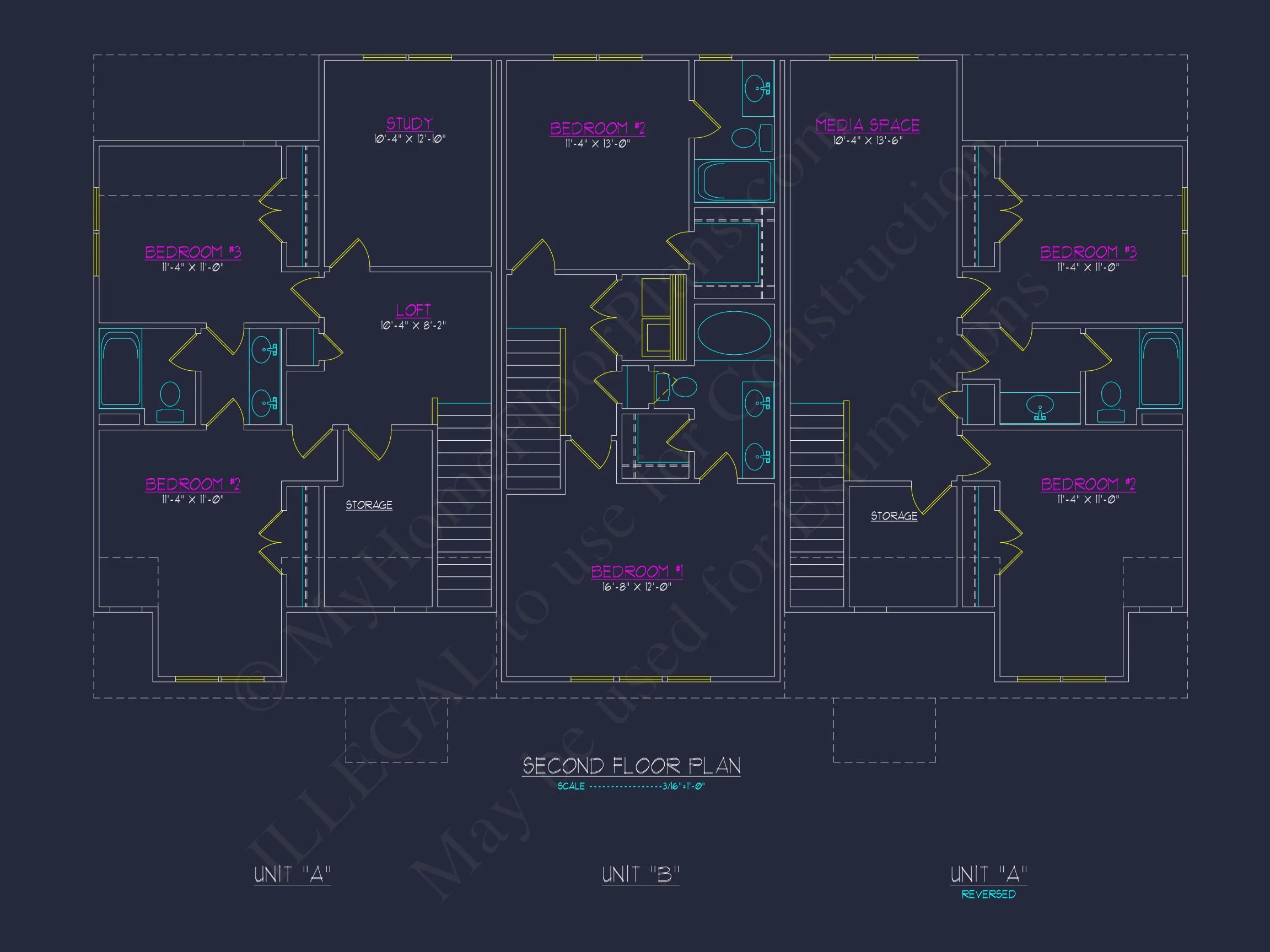 11-1652 HOUSE PLAN - 6-Bed, 7.5-Bath, 2,832 SF Craftsman Triplex House Plan 42 Modern 2-Bedroom Townhome Blueprint with Open Plan Design