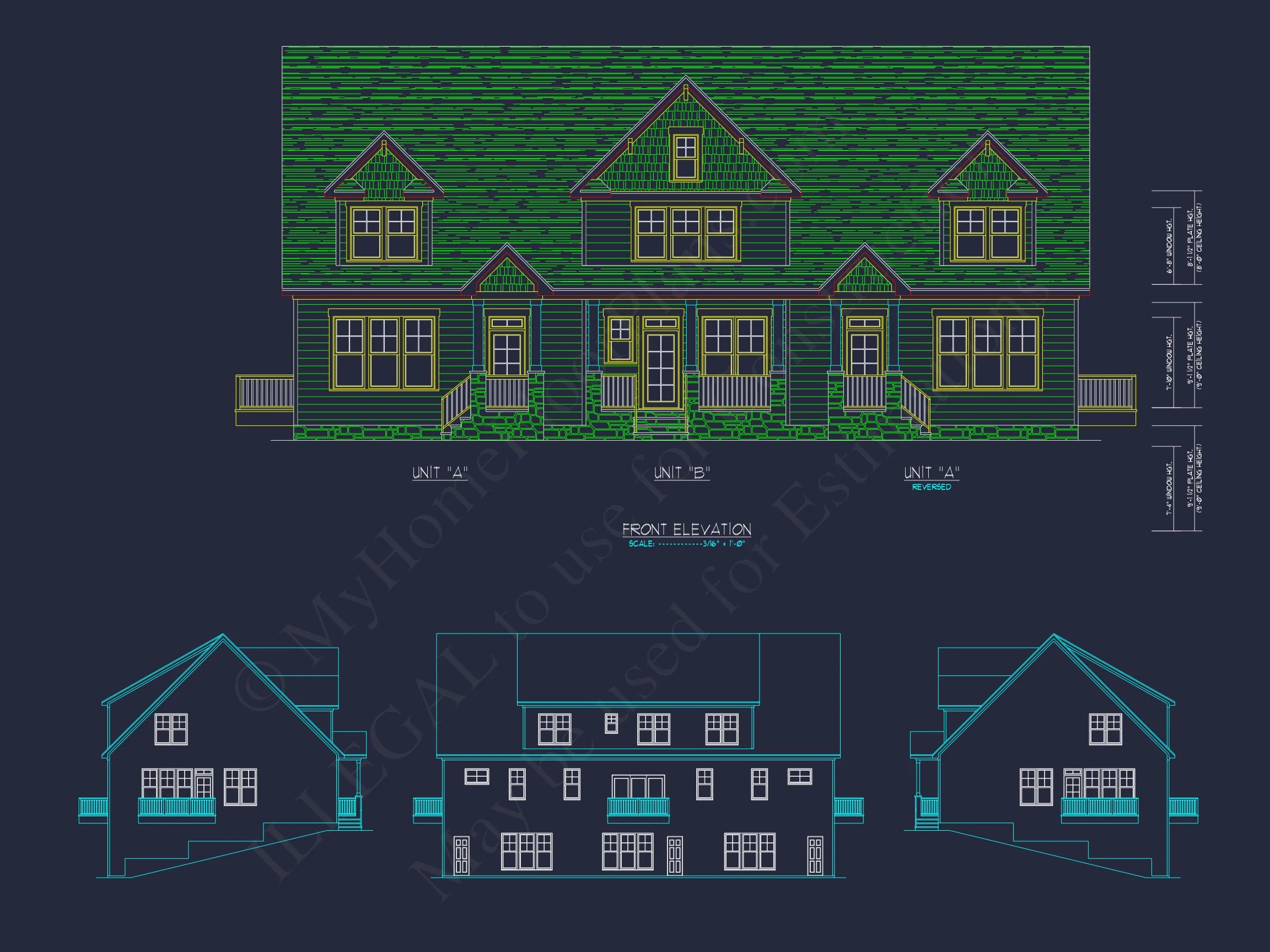 11-1652 HOUSE PLAN - 6-Bed, 7.5-Bath, 2,832 SF Craftsman Triplex House Plan 38 Modern 2-Bedroom Townhome Blueprint with Open Plan Design