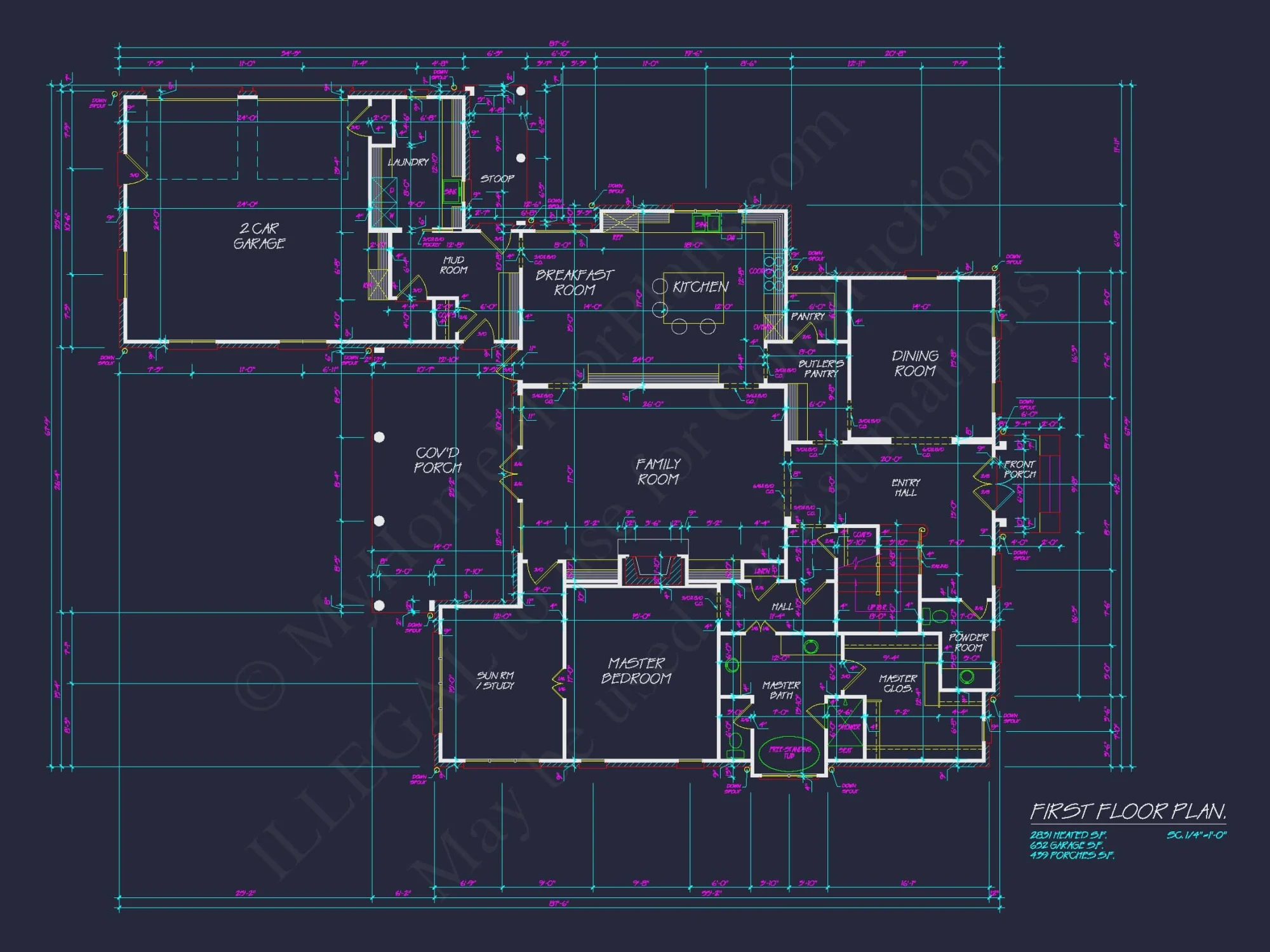 French Country 2-Story house Plan: 4-Bed, 3.5 Bath, Blueprint