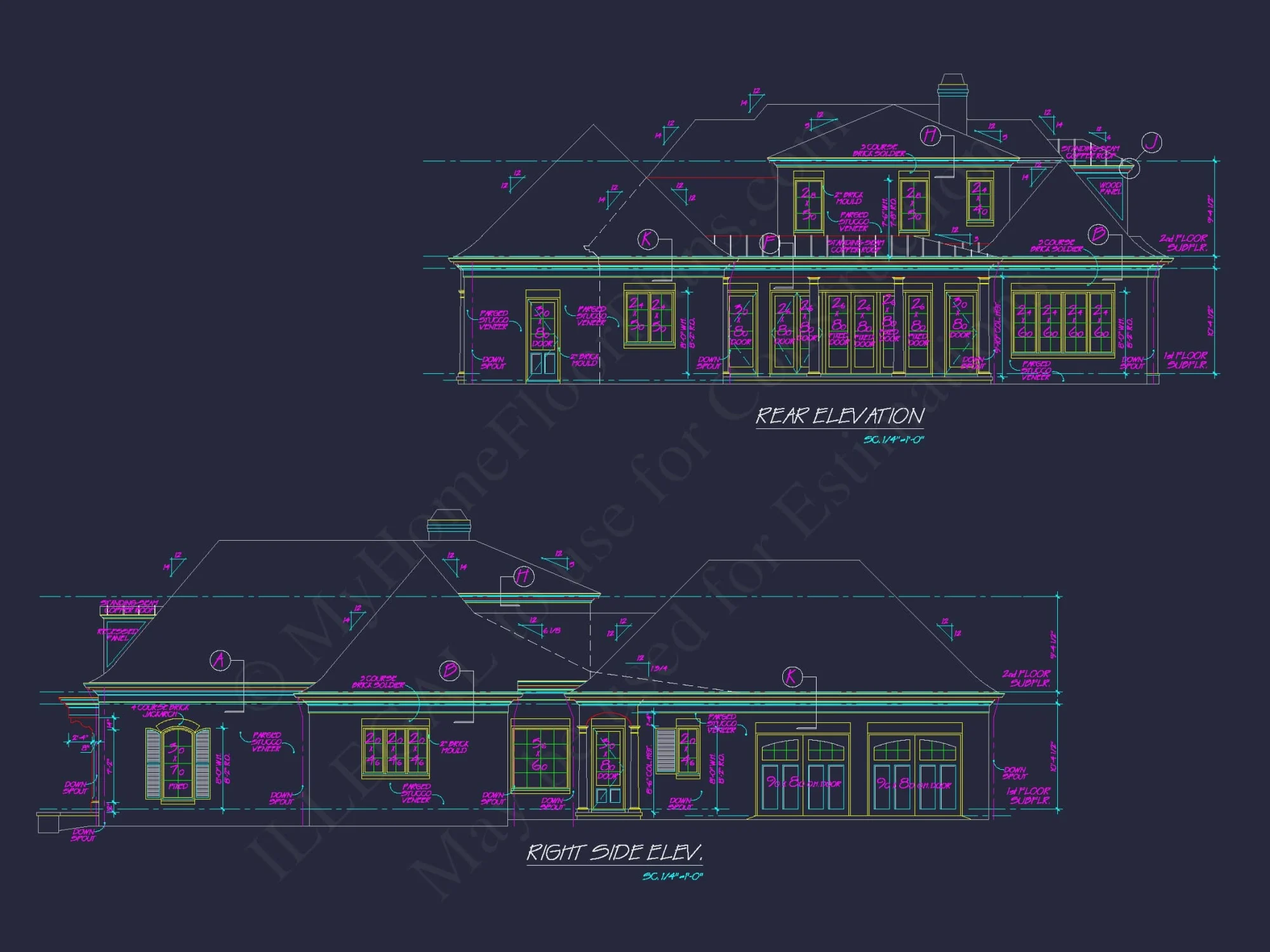French Country 2-Story house Plan: 4-Bed, 3.5 Bath, Blueprint