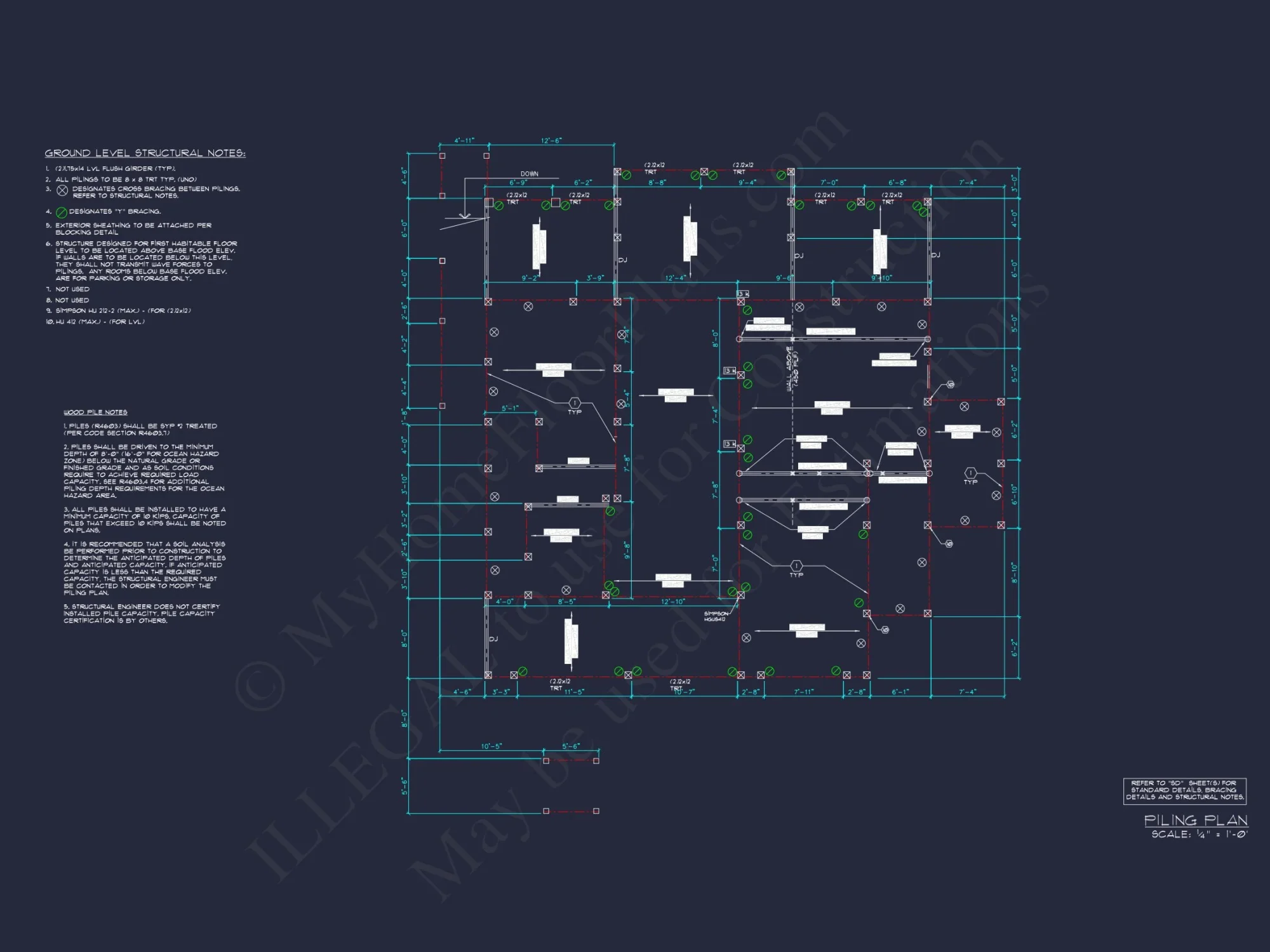 Coastal house Floor Plan: 3-Bed, 2374 Sq Ft, CAD Blueprint