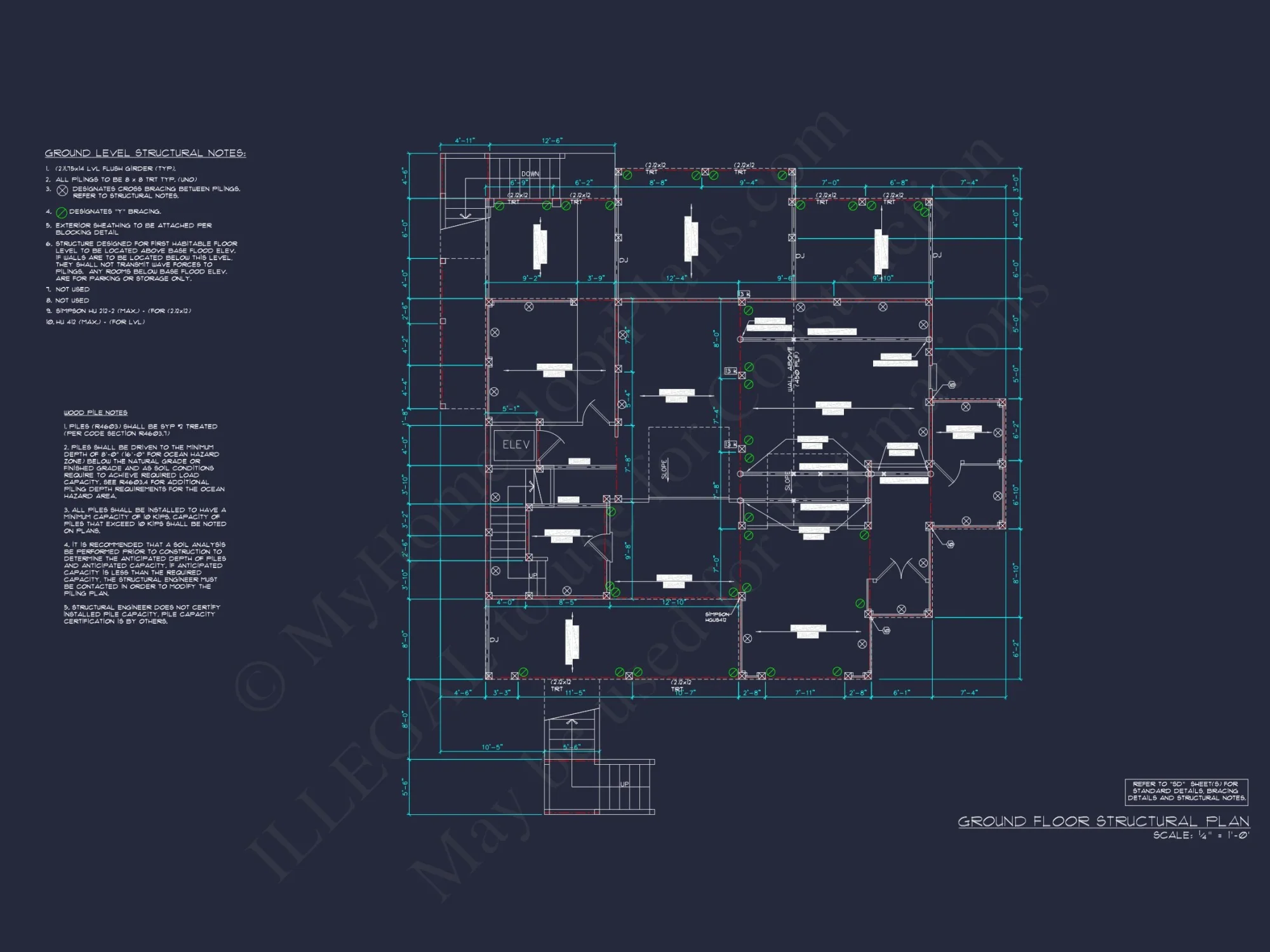 Coastal house Floor Plan: 3-Bed, 2374 Sq Ft, CAD Blueprint