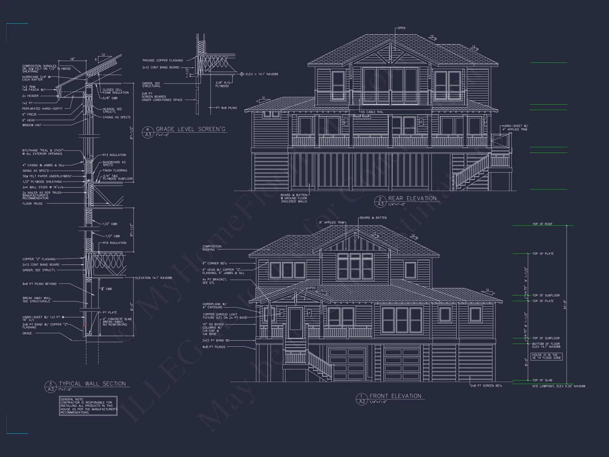 Coastal house Floor Plan: 3-Bed, 2374 Sq Ft, CAD Blueprint