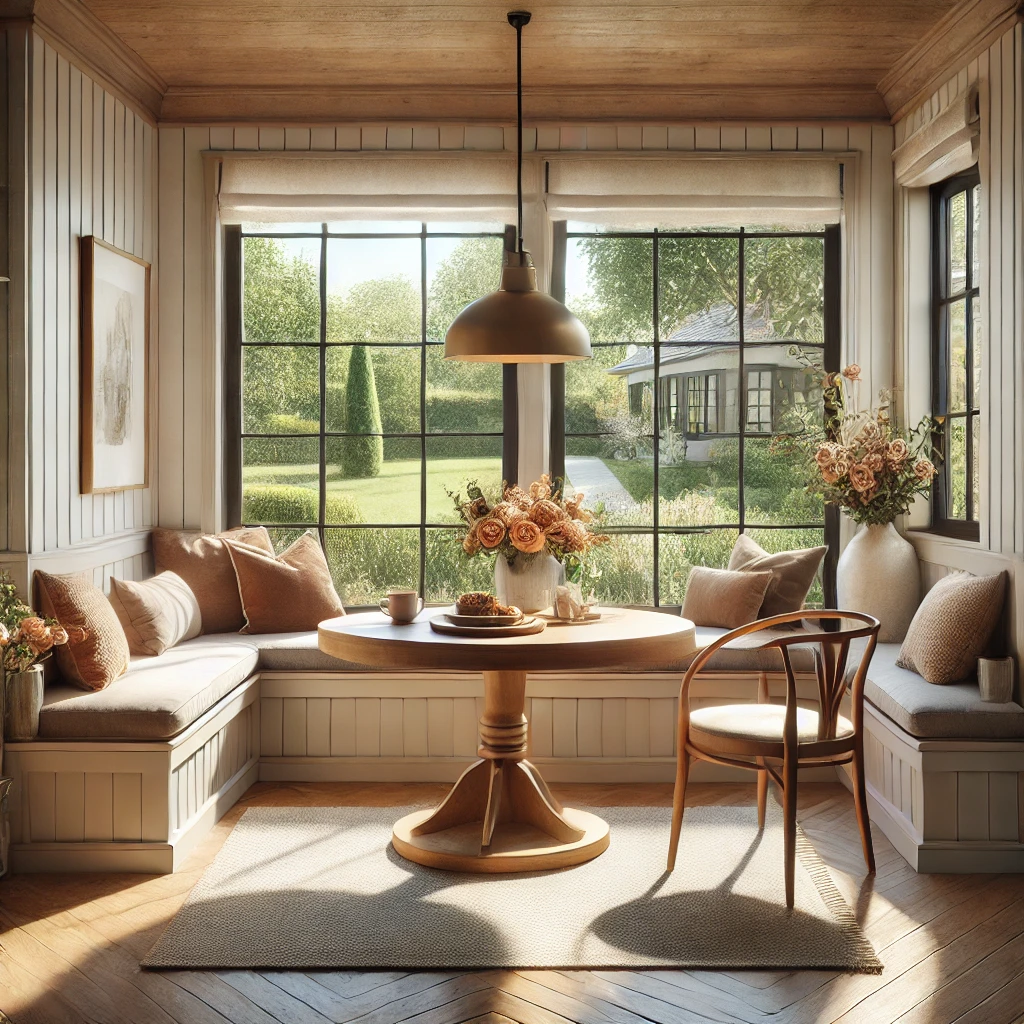 Breakfast Nook House Plans "Modern Breakfast Nook House Plan with built-in wooden bench, soft cushions and round wooden table in cozy interior setting."