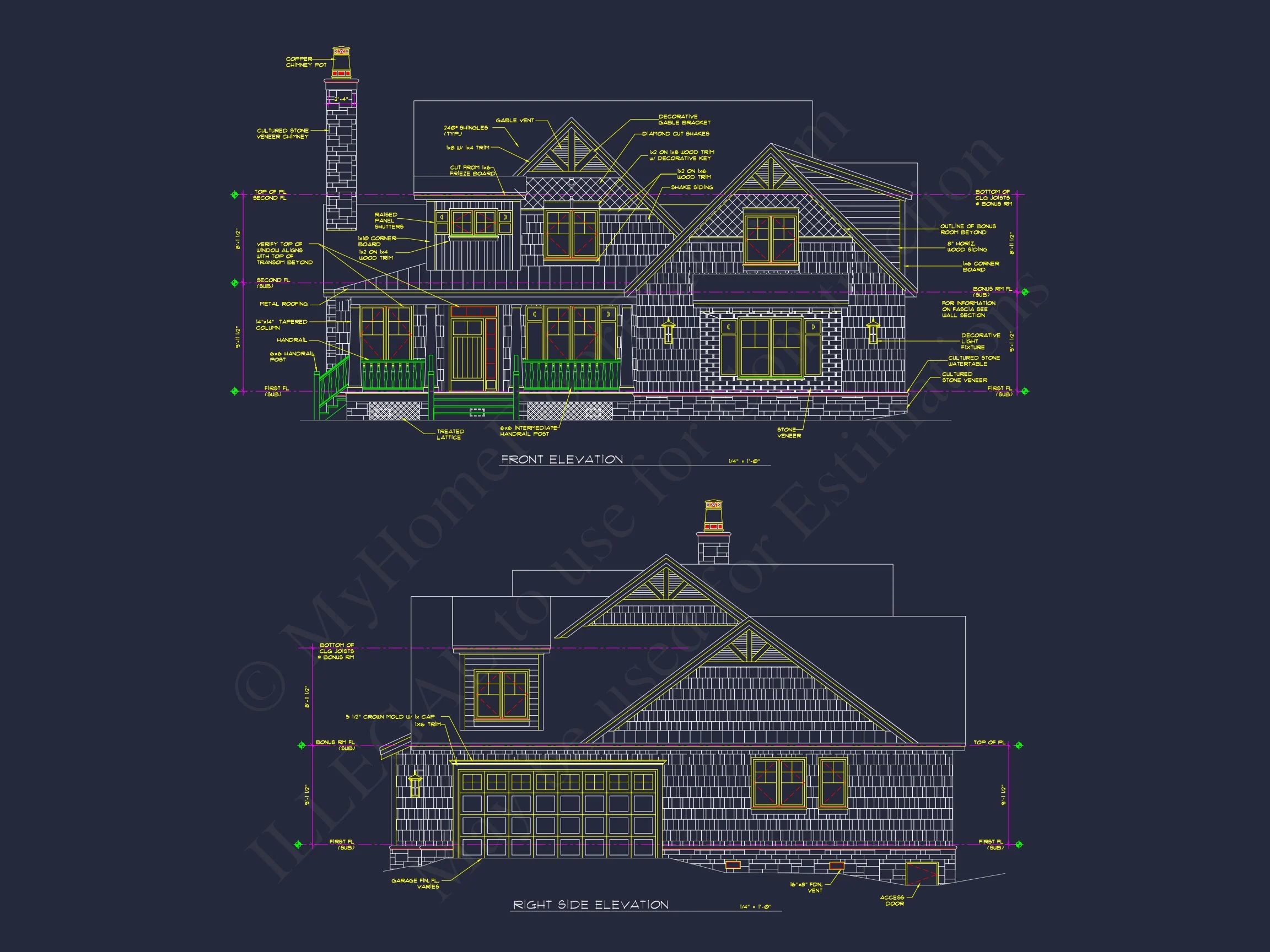 12-2857 HOUSE PLAN -Craftsman Home Plan - 4-Bed, 3-Bath, 2,450 SF 2 Craftsman house Design with Bonus Room and CAD Blueprint