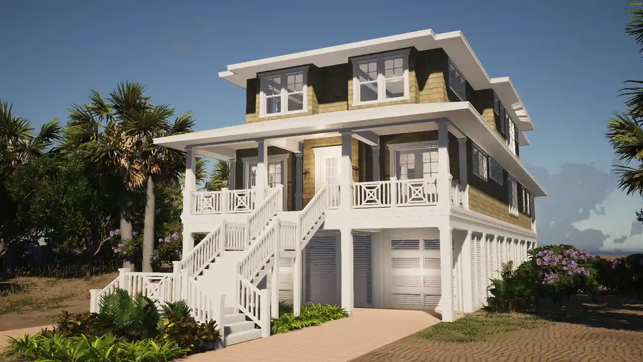 Two-story coastal house plans with a covered front porch, double staircases, white railings, large windows, and a garage underneath, surrounded by palm trees and greenery.