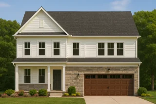 Coastal House Plans 15 Front view of a Traditional Colonial style home featuring a stone and siding exterior, symmetrical windows, and a classic gabled roofline