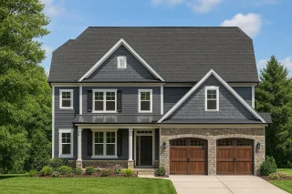 Front elevation of a two-story Traditional Colonial home with stone base, lap siding, and shake gables over a two-car garage