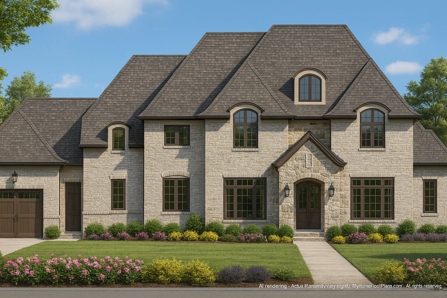 Front view of a French Country style house showcasing a full brick exterior, arched dormers, and steep gable rooflines with refined European detailing