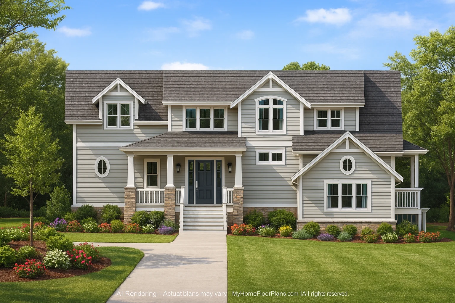 Front view of a Modern Farmhouse style home featuring gray horizontal siding, stone porch columns, white trim, and gable rooflines with classic symmetry