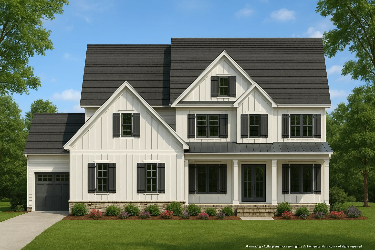 Front elevation of a Modern Farmhouse style home featuring vertical board and batten siding, black windows, and covered porch entry