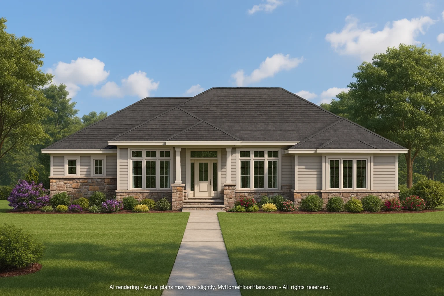 Front elevation of a Traditional Ranch style home featuring horizontal lap siding, stone wainscoting, and a covered entry porch with columns