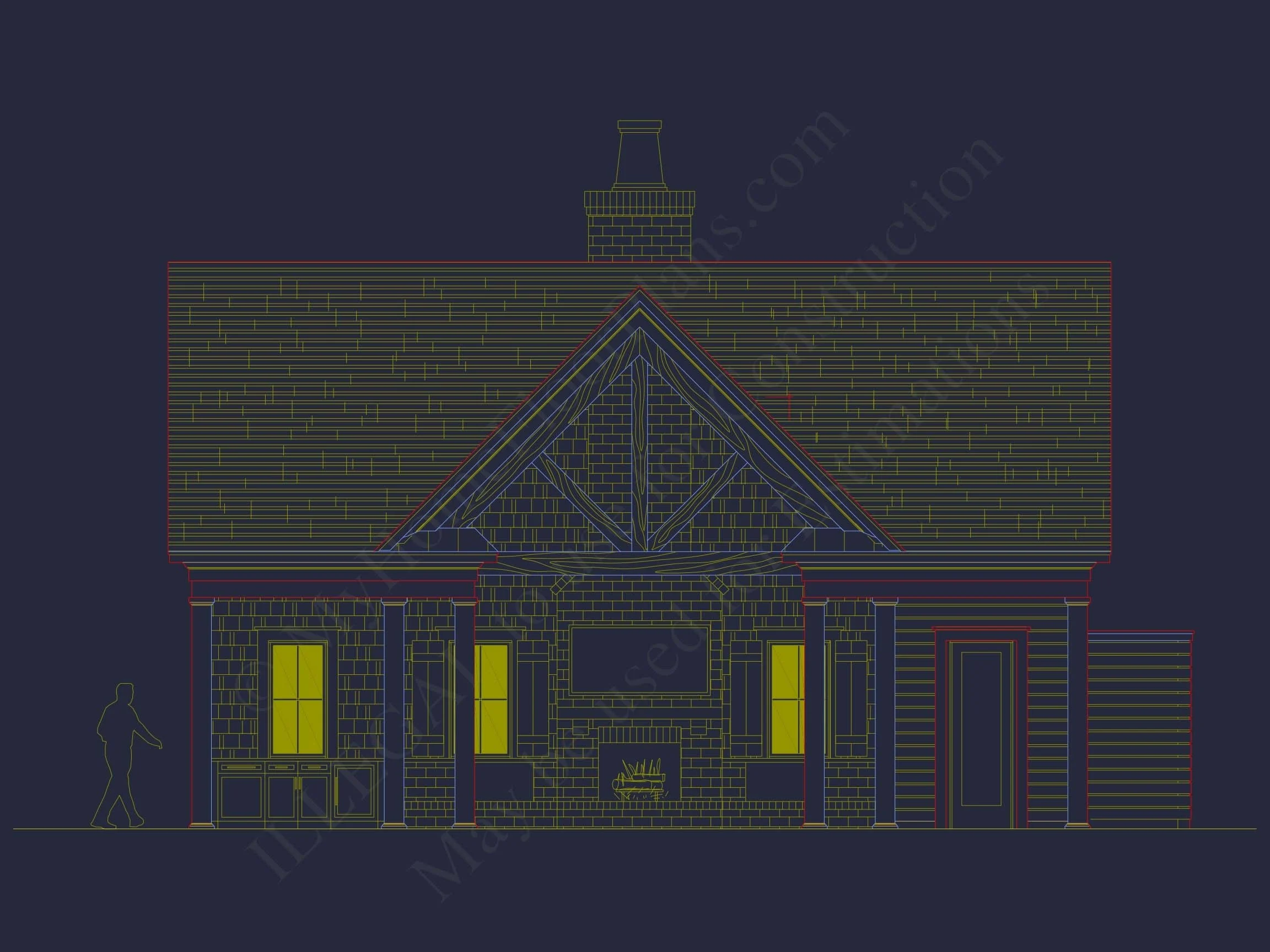 20-1936 HOUSE PLAN - Charming Pool House Floor Plan | Traditional CAD Blueprint 2 Charming Pool House Floor Plan with Craftsman Touch