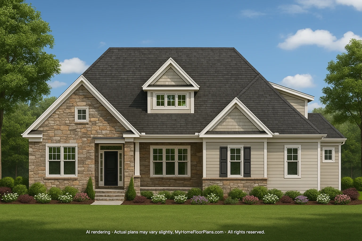Front view of a Traditional Craftsman Ranch style home featuring stone accents, horizontal lap siding, and shake gables with a welcoming covered porch entry