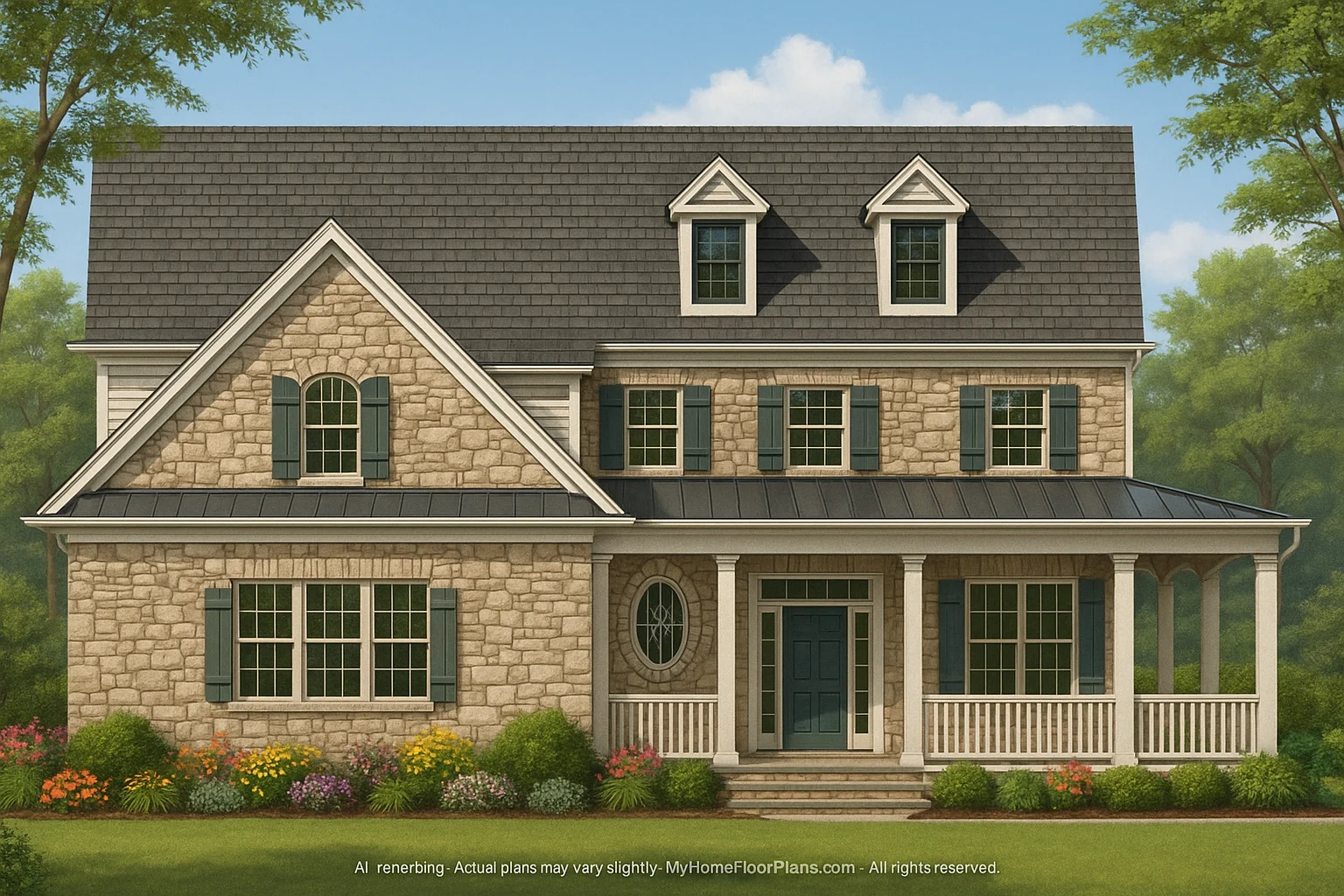 Front view of a Traditional Colonial style home featuring stone exterior, horizontal siding, and a classic covered front porch with dormers
