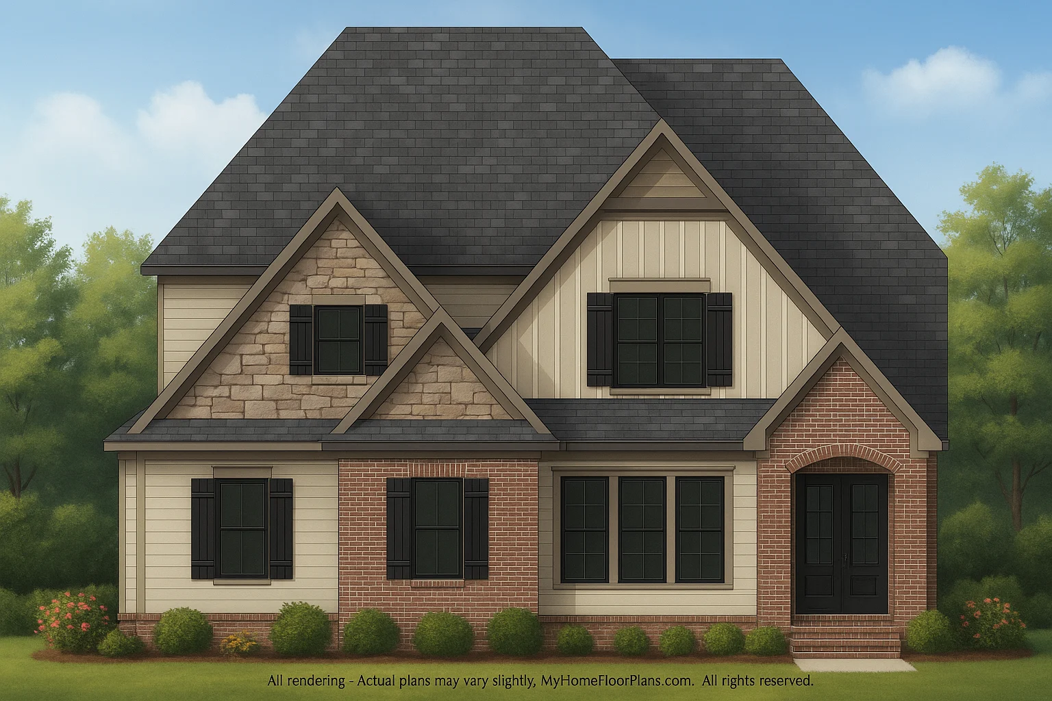 15-1492 HOUSE PLAN - Modern Craftsman House Plan with 2.5 Floors and Spacious Designs 2 IMPORTANT Make the house as realistic as possible, landscape orientation, and display entire house. Do not cut off right or left side of house!