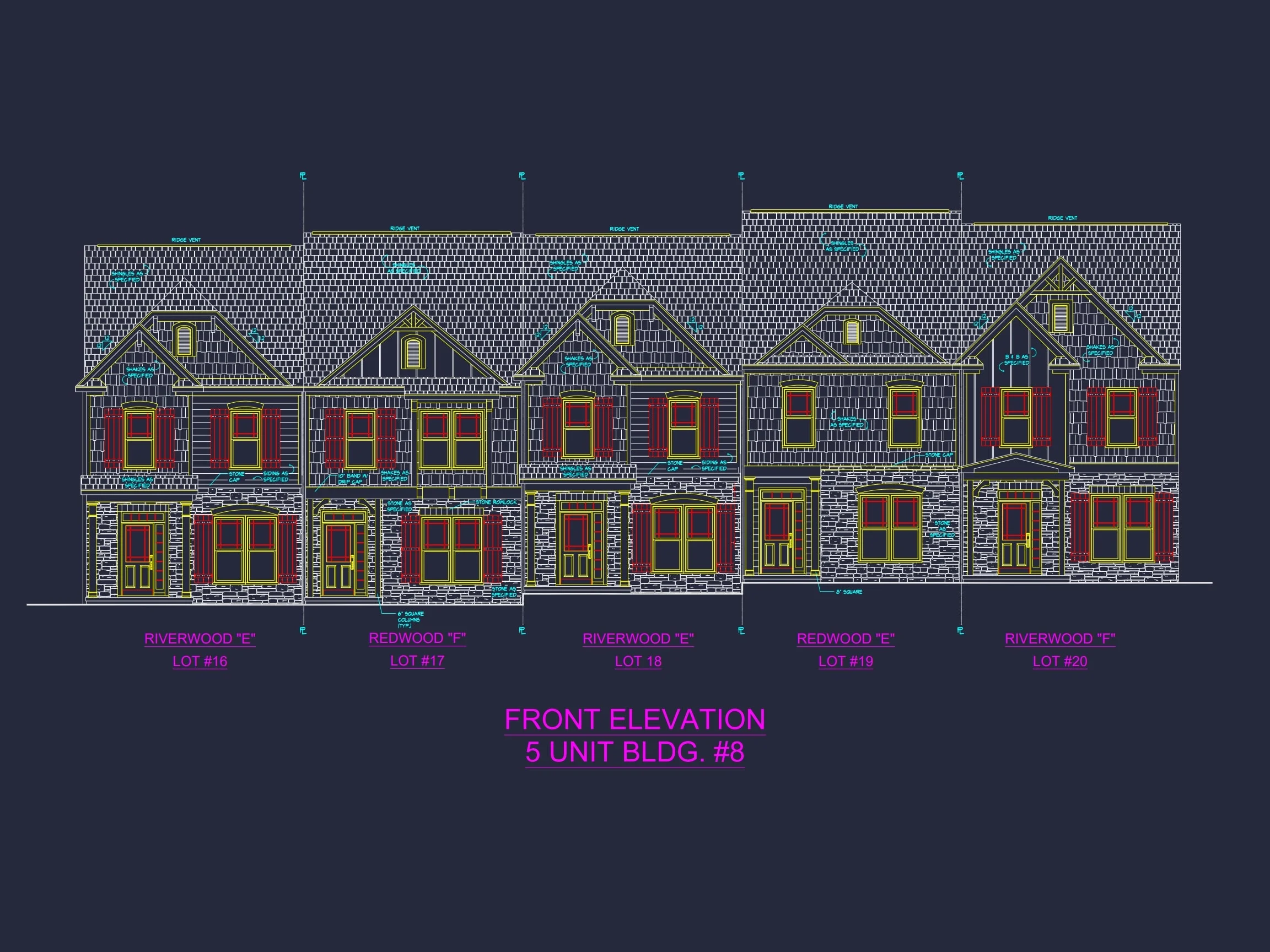 7-1947B 5-UNIT TOWNHOUSE PLAN - 5-Unit House Plan: Detailed Floor Plan, CAD, and Designs 3 Elegant 5-Unit Townhome Plan with Open Layout and Vaulted Ceilings