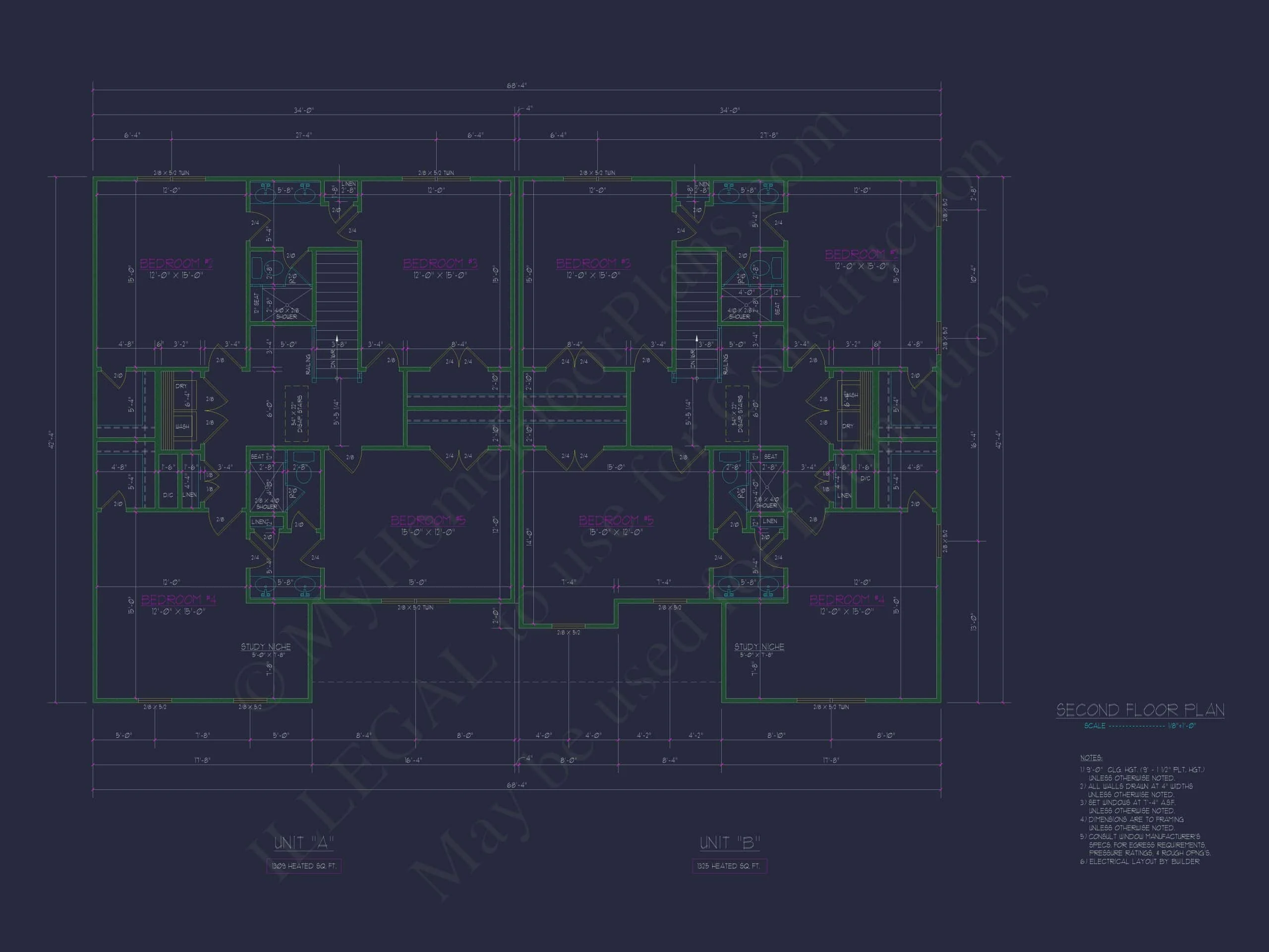 15-1983 DUPLEX PLAN- Traditional Colonial Home Plan - 5-Bed, 4-Bath, 3,600 SF 5 Beautiful Duplex Home Design with Functional CAD Blueprint