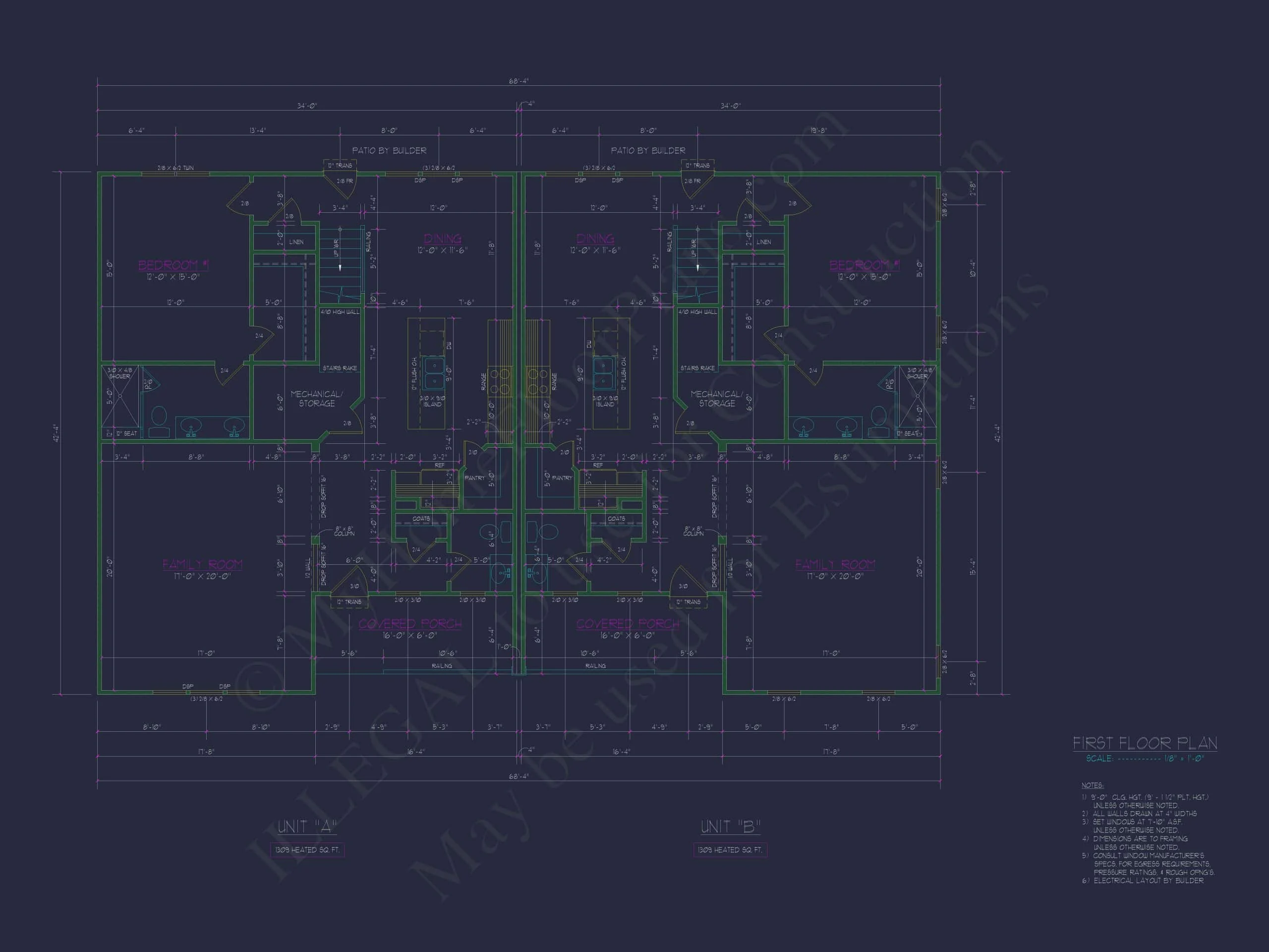 15-1983 DUPLEX PLAN- Traditional Colonial Home Plan - 5-Bed, 4-Bath, 3,600 SF 4 Beautiful Duplex Home Design with Functional CAD Blueprint