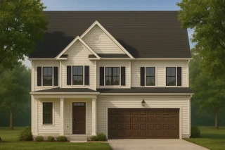 Coastal House Plans 14 Front view of a Traditional Colonial style home featuring horizontal siding, black shutters, and a two-car garage with dark wood doors.