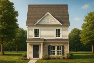 Front elevation of a Colonial Traditional style home featuring a stone and horizontal lap siding exterior with symmetrical windows and a centered entry door.