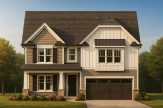 Front view of a Modern Farmhouse style home featuring board and batten siding, stone accents, and traditional Craftsman detailing with a gabled roofline.