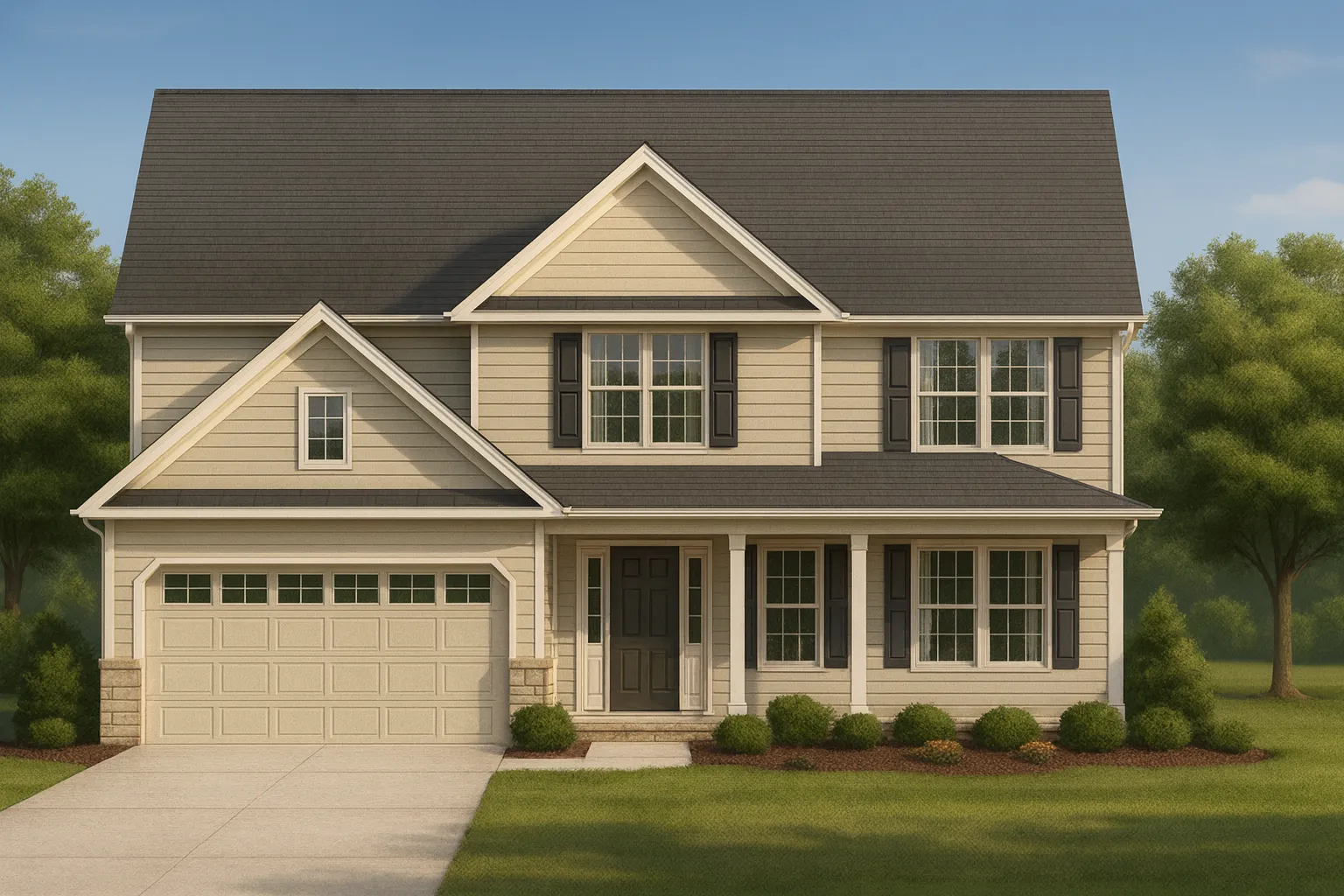 8-1899 HOUSE PLAN -Traditional Colonial Home Plan - 4-Bed, 3-Bath, 2,400 SF 1 Front view of a two-story Traditional Colonial / Neo-Colonial home with horizontal lap siding, black shutters, covered front porch, and attached two-car garage