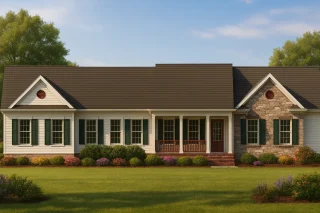 House Plans 10 Front view of a Traditional Ranch style house featuring a balanced Colonial influence, horizontal siding, stone accents, green shutters, and a covered front porch.