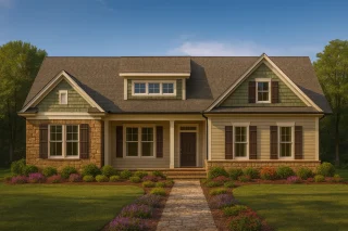 Front view of a Craftsman Ranch style house featuring stone accents, board and batten, and horizontal siding with a welcoming covered porch entry