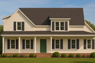 Front view of a Traditional Colonial style house featuring white horizontal siding, black shutters, gabled roof, and a welcoming covered front porch