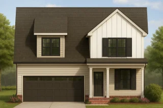 Mansion House Plans 9 Front exterior of a Modern Farmhouse with board and batten siding, horizontal lap panels, black trim windows, and covered porch entry