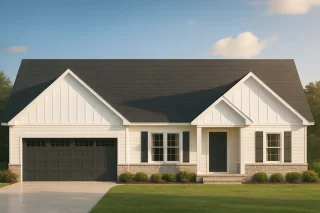 Front view of a Modern Farmhouse Ranch style house featuring white board and batten siding, stone base accents, black windows, and a welcoming covered porch entry.