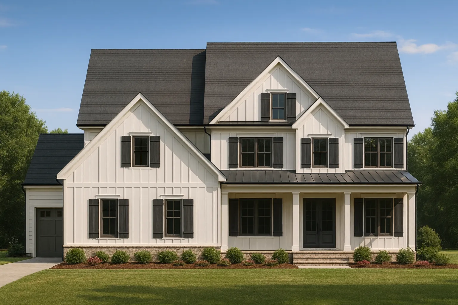Front elevation of a Modern Farmhouse style home featuring vertical board and batten siding, black windows, and covered porch entry
