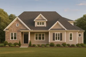 Front view of a Traditional Craftsman Ranch style home featuring stone accents, horizontal lap siding, and shake gables with a welcoming covered porch entry