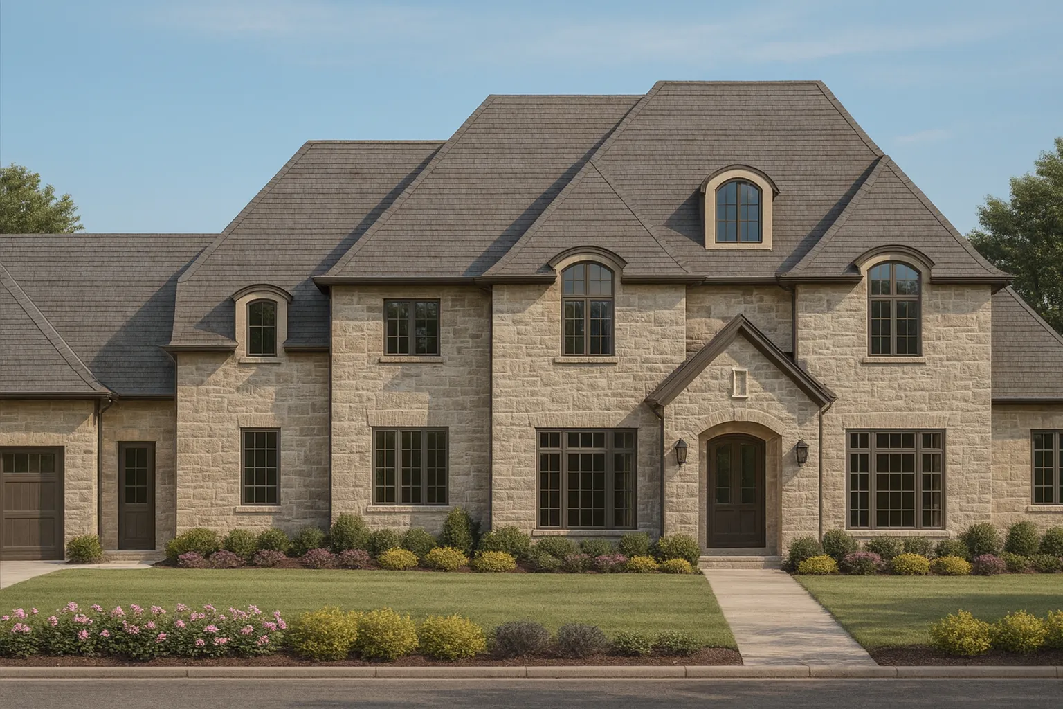 Front view of a French Country style house showcasing a full brick exterior, arched dormers, and steep gable rooflines with refined European detailing