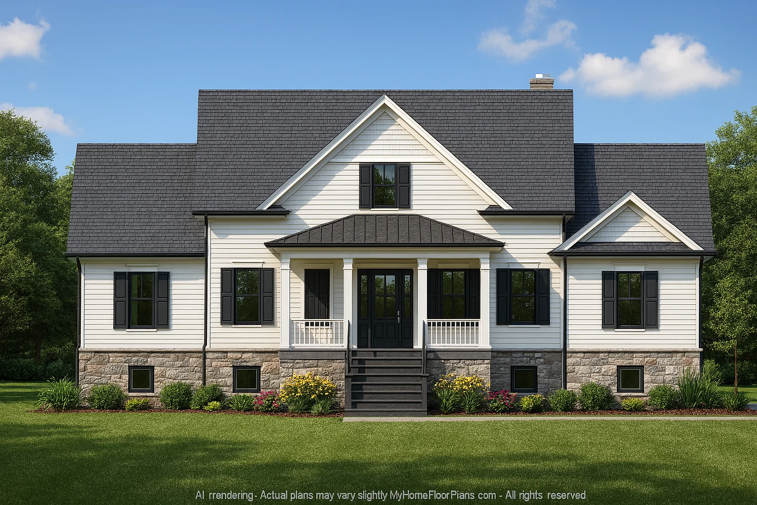 Front view of a Modern Farmhouse home with white board and batten siding, stone base, black metal roofing, and a welcoming covered porch