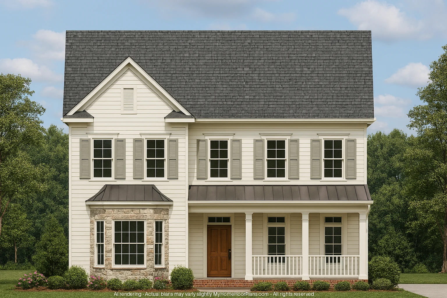 Front view of a Traditional Colonial style home featuring horizontal siding, stone base, symmetrical windows, and a covered front porch with white columns