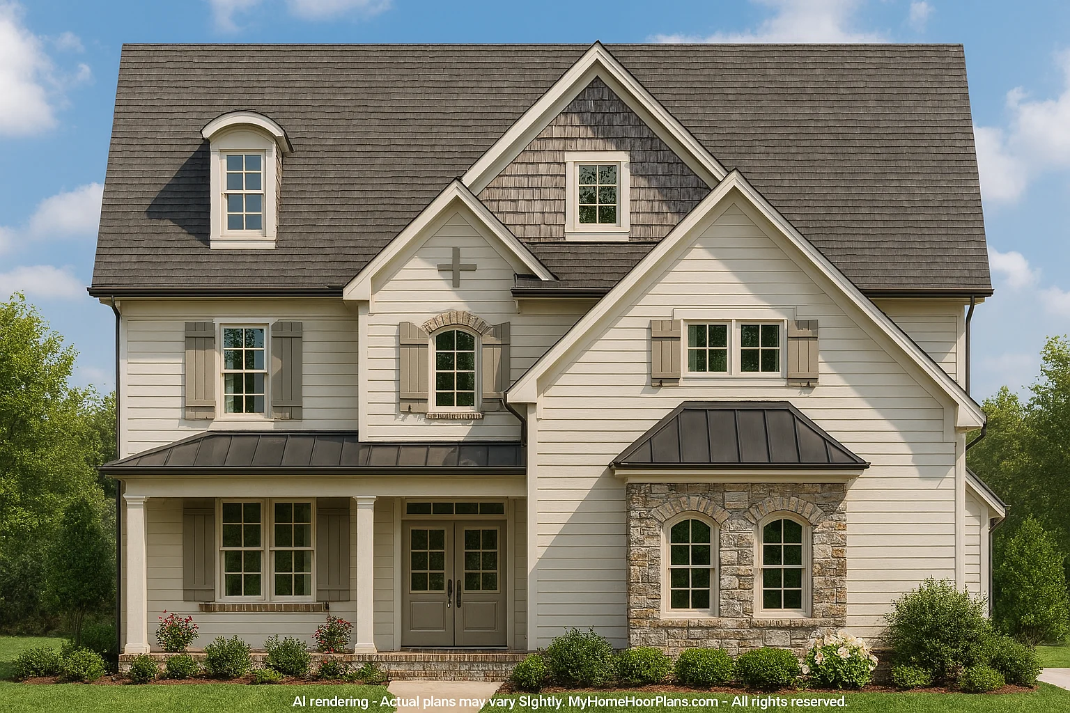 Front elevation of a Traditional Colonial Revival style home featuring light horizontal siding, stone accents, and dormer windows under a steep gable roof