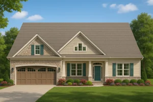 Front view of a Traditional Ranch style home featuring stone and horizontal siding, gabled rooflines, and teal shutters for charming curb appeal