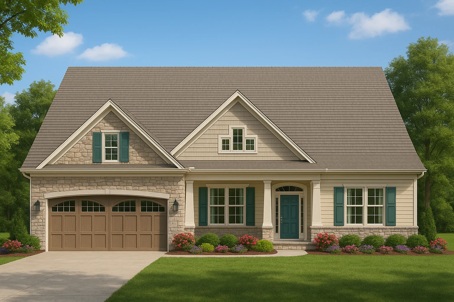 Front view of a Traditional Ranch style home featuring stone and horizontal siding, gabled rooflines, and teal shutters for charming curb appeal
