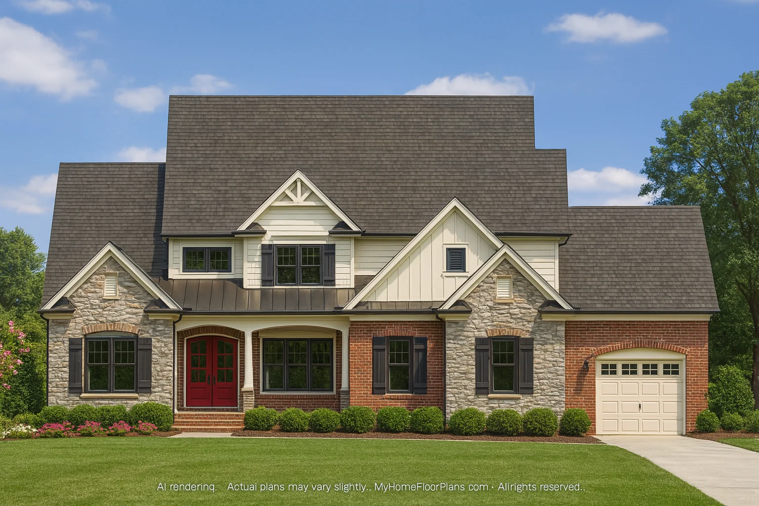 Front view of Traditional Craftsman Farmhouse featuring a blend of brick, stone, and board and batten siding with multi-gable rooflines and a welcoming front porch