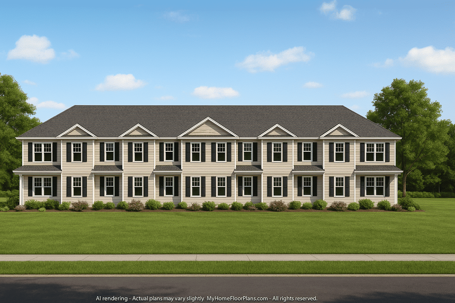 17-2029 6-UNIT TOWNHOUSE PLAN - Colonial Home Plan - 2-Bed, 1.5-Bath, 1,033 SF 2 Modern Townhome Floor Plan with 6 Units and CAD Blueprints