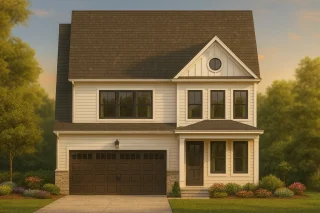 Coastal House Plans 12 Front elevation of a two-story Modern Farmhouse with board and batten siding, dark roof, stone foundation base, and black-trimmed windows