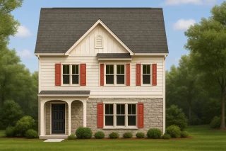 Front view of a two-story Traditional Colonial home featuring horizontal siding, stone veneer accent, and red shutters for timeless curb appeal.