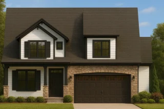 Front view of a Modern Farmhouse style home featuring board and batten siding, stone base, black windows, and dark roof with attached two-car garage