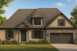 Front elevation of a Traditional Craftsman Farmhouse with stone accents, horizontal siding, shingle gables, and dark-trim windows