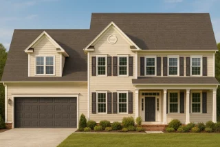 Front elevation of a two-story Traditional Colonial home with horizontal lap siding, brick foundation, and symmetrical windows over a double garage