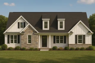 Front elevation of a Modern Farmhouse with board-and-batten and horizontal lap siding, stone accents, dormer windows, black shutters, and a covered porch